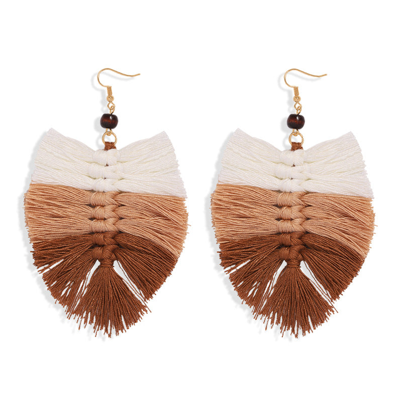 Handmade Gradient Tassel Earrings Leaf Shape Ethnic Style Earrings Exotic Holiday Earrings