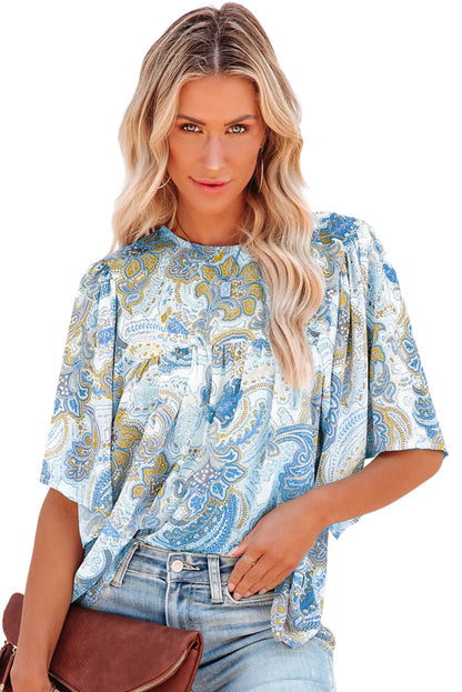 Sky Blue Paisley Pattern Print Drawstring V Neck Blouse