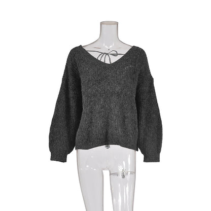 Long-sleeved V-neck strappy casual loose sweater