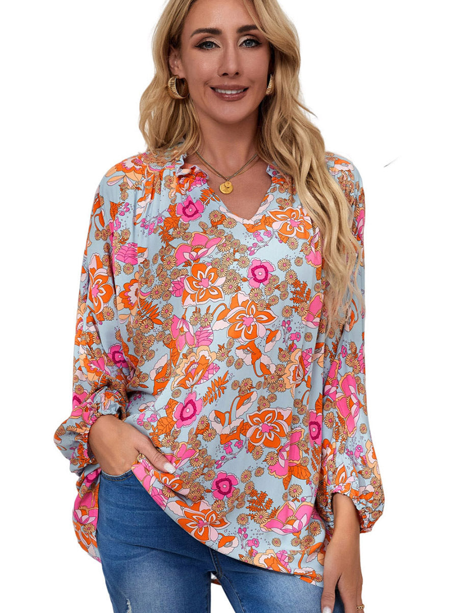 New Printed Chiffon Shirt Summer Thin V-neck