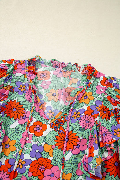 Red Floral Tie Split Neck Ruffle Puff Sleeve Blouse