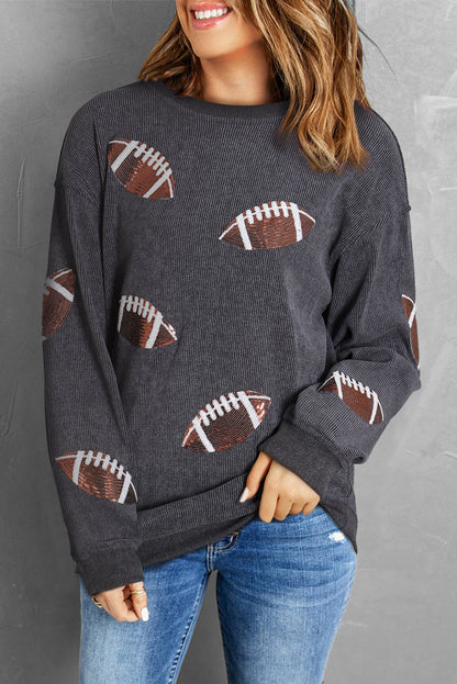 Black Sequin Rugby Graphic Pullover Sweatshirt