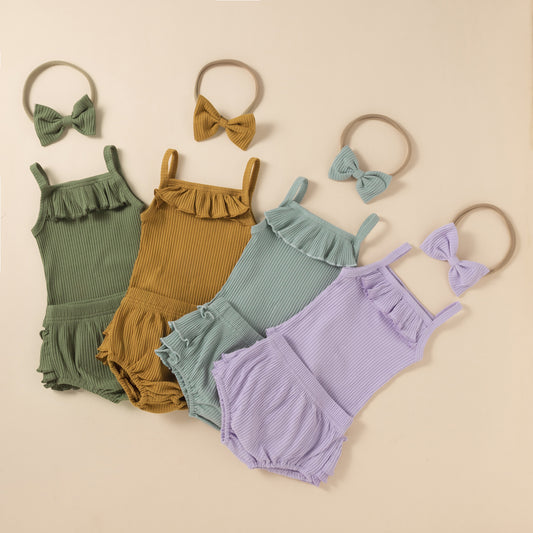 Children's Clothing Baby Solid Color Three-piece Set Sunken Stripe Strap Lace Multi-layer Edge Romper