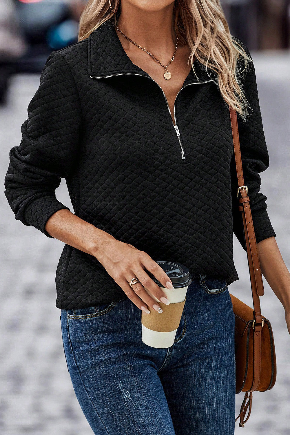 Apricot High Neck Kangaroo Pocket Quilted Sweatshirt