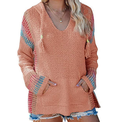 Striped Color Matching Hooded Long Sleeve Pullover Loose Sweater