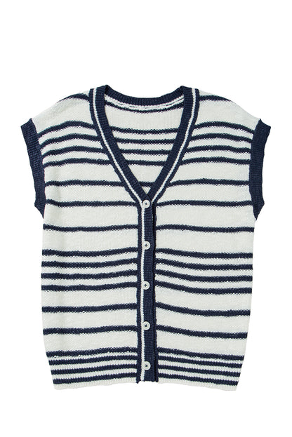 Blue Stripe Loose Buttoned V Neck Sweater Vest