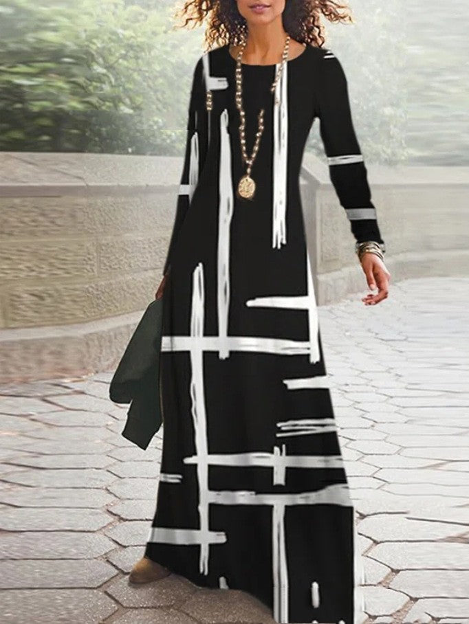 Women's Cotton Printed Round Neck Wide Hem Long Sleeve Dress