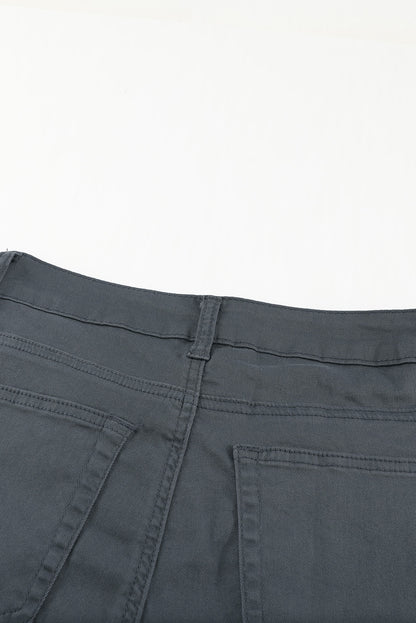 Green Plain High Waist Buttons Frayed Cropped Denim Jeans