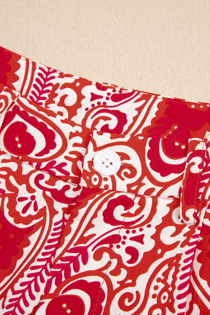 Red Paisley Printed Buttoned High Waist Straight Leg Pants