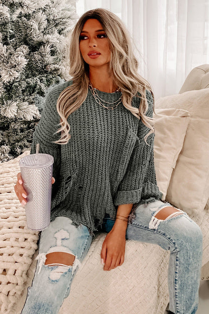 Bright White Ripped Raw Hem Chunky Pullover Sweater