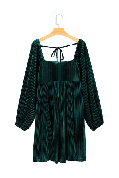 Blackish Green Smocked Ribbed Velvet Babydoll Top