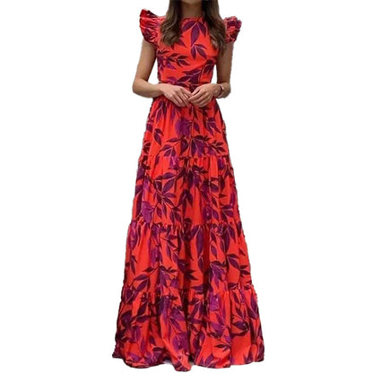 Women's Clothing Elegant Graceful Round-neck High Waist Slim-fit Printed Long Dress