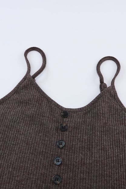 Black Buttoned Ribbed Knit Sleeveless Midi Bodycon Dress with Slit