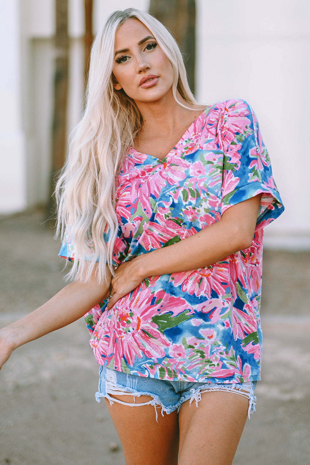 Pink Floral Print Buttoned V Neck Shirt