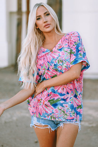 Pink Floral Print Buttoned V Neck Shirt