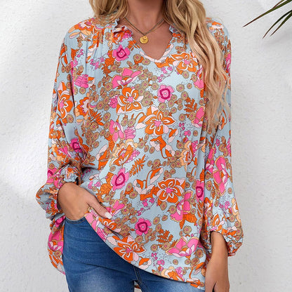 New Printed Chiffon Shirt Summer Thin V-neck