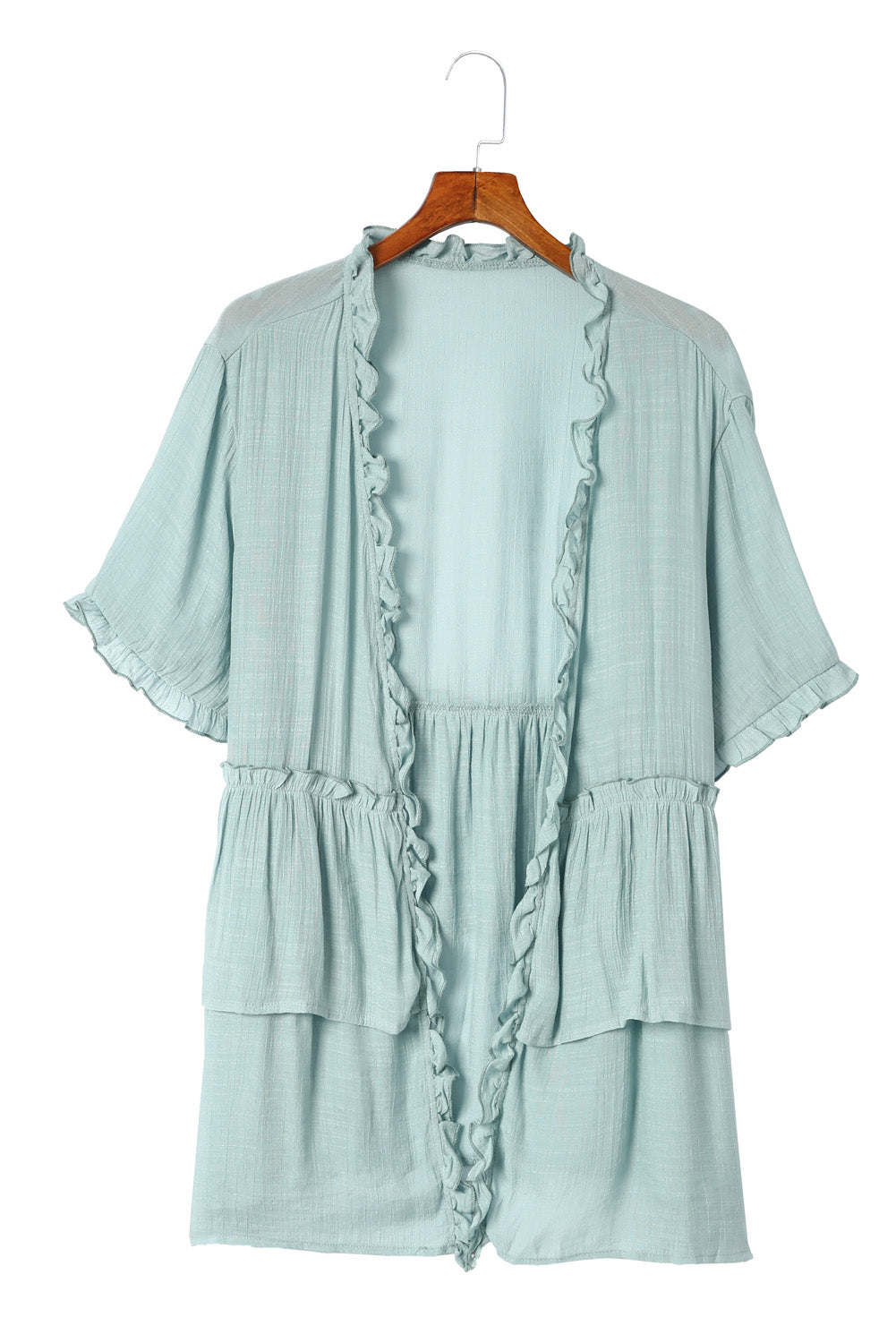 Gray Ruffled Trim Half Sleeve Open Front Kimono