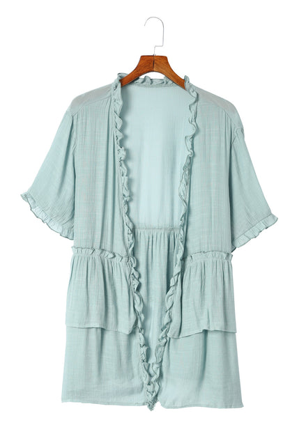 Gray Ruffled Trim Half Sleeve Open Front Kimono