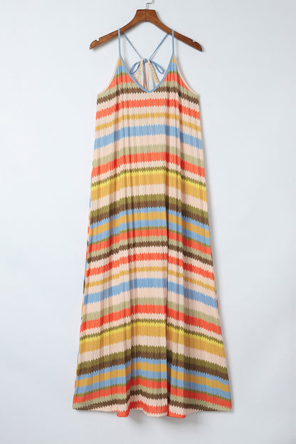 Stripe Tie Straps Loose V Neck Maxi Dress