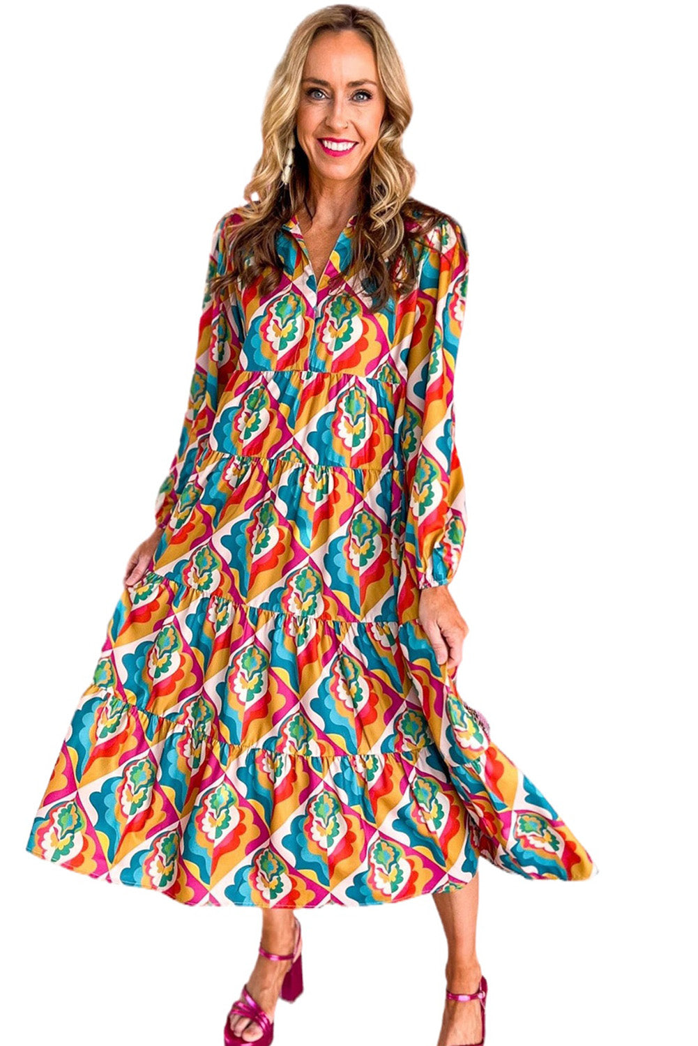 Multicolor Abstract Geometric Print Long Sleeve High Waist Dress