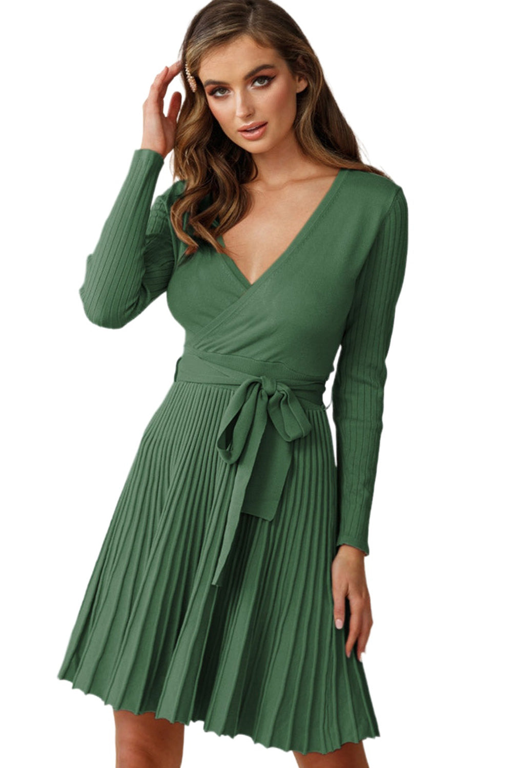 Black Belted V Neck Ribbed Pleated Sweater Dress