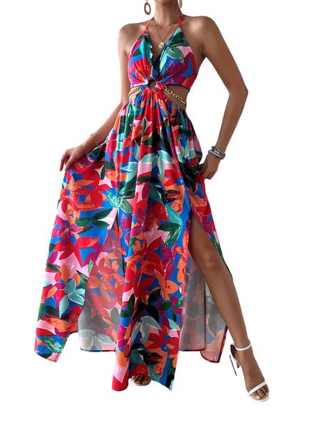 Printed Backless Side Slit Halter Dress H6VE68KF2K