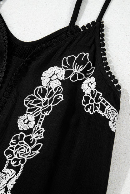 Black Floral Embroidery Ruffled Spaghetti Straps Tank Top