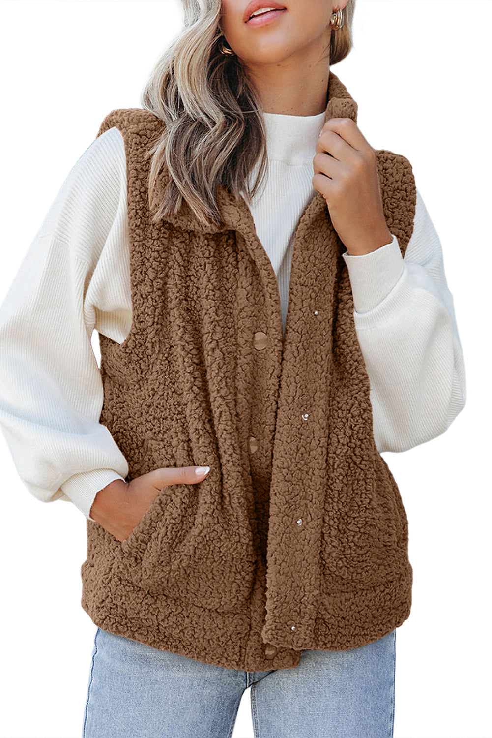 Khaki Plus Size Pocketed Sherpa Vest