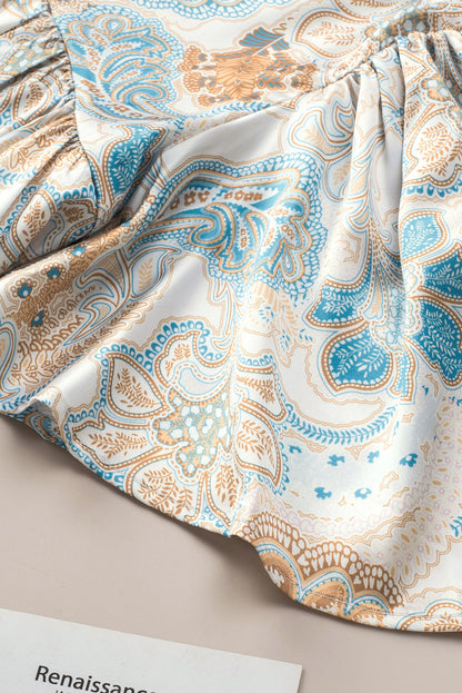 Sky Blue Paisley Pattern Print Drawstring V Neck Blouse