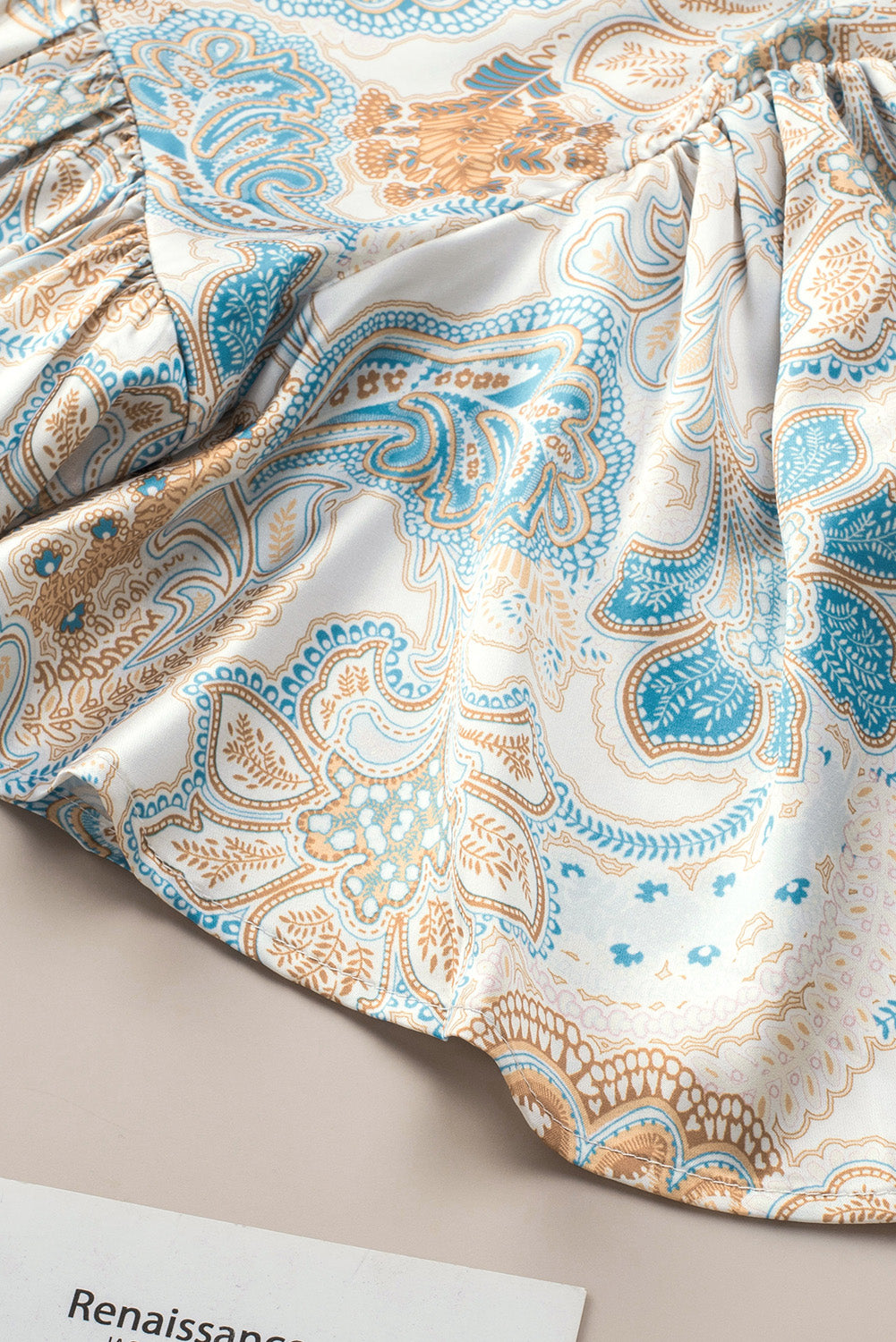 Sky Blue Paisley Pattern Print Drawstring V Neck Blouse