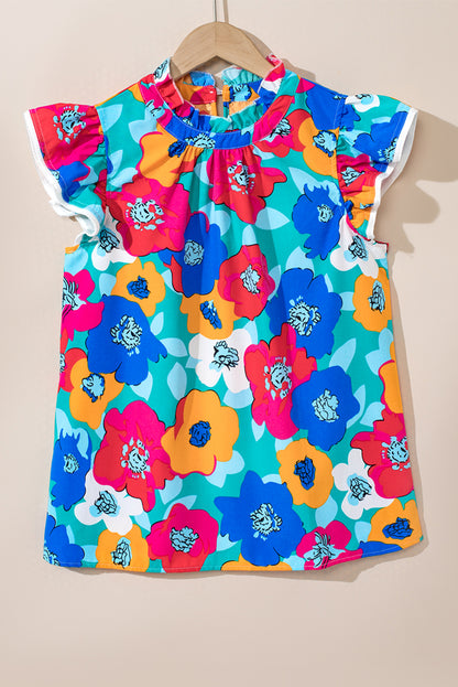 Rose Multicolor Floral Print V Neck 3/4 Sleeve Blouse