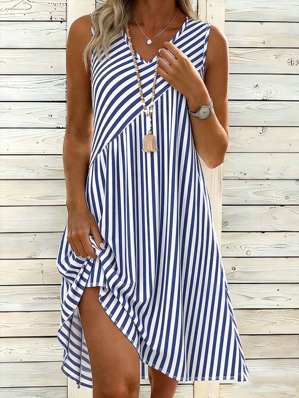3D Printed Striped Casual Loose Fitting Dress