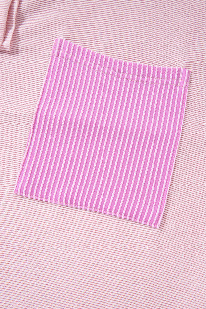 Light Pink Corded Colorblock Patch Pocket Drawstring Hooded Top