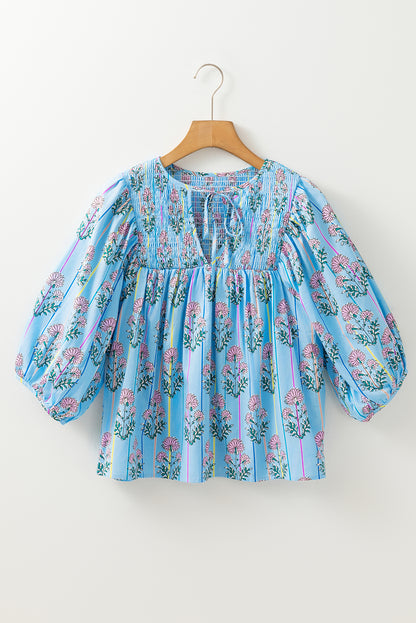 Sky Blue Floral Striped Print Shirred Yoke Split Neck Blouse