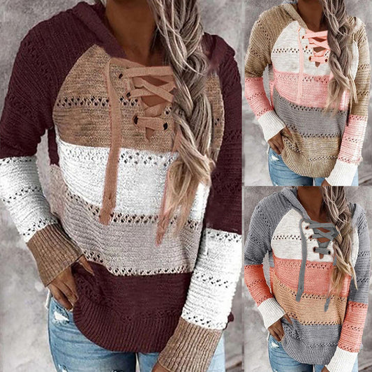 Women's Fashion Temperament Color Matching Hooded Long-sleeved Sweater