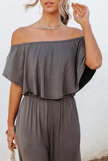 Gray Solid Color Off Shoulder Wide Leg Jumpsuit