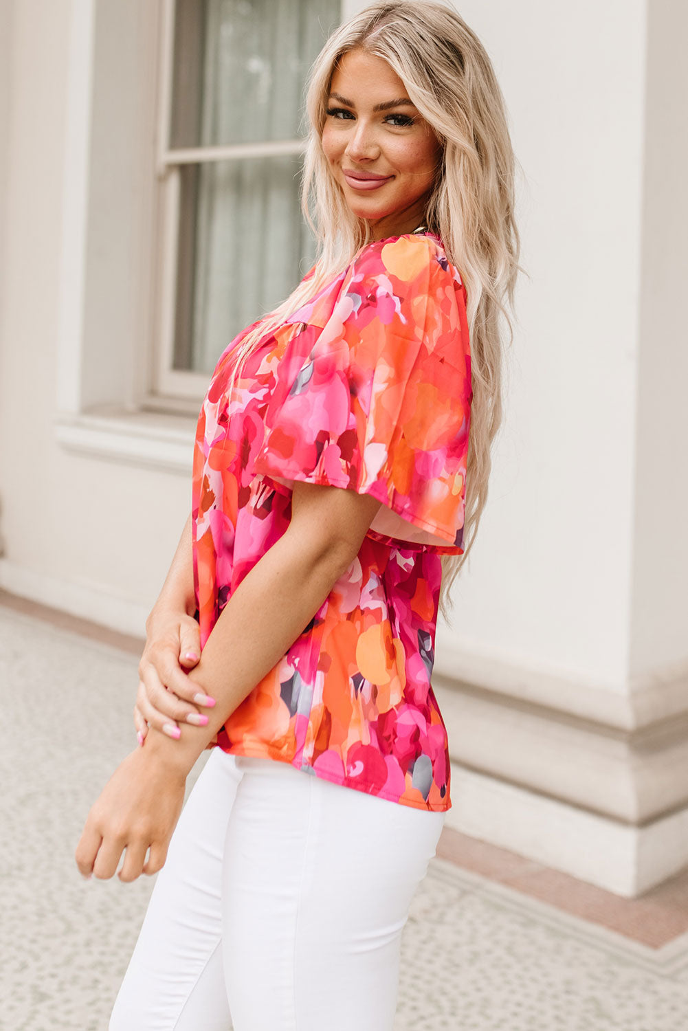 Red Floral Print Wide Sleeve Blouse