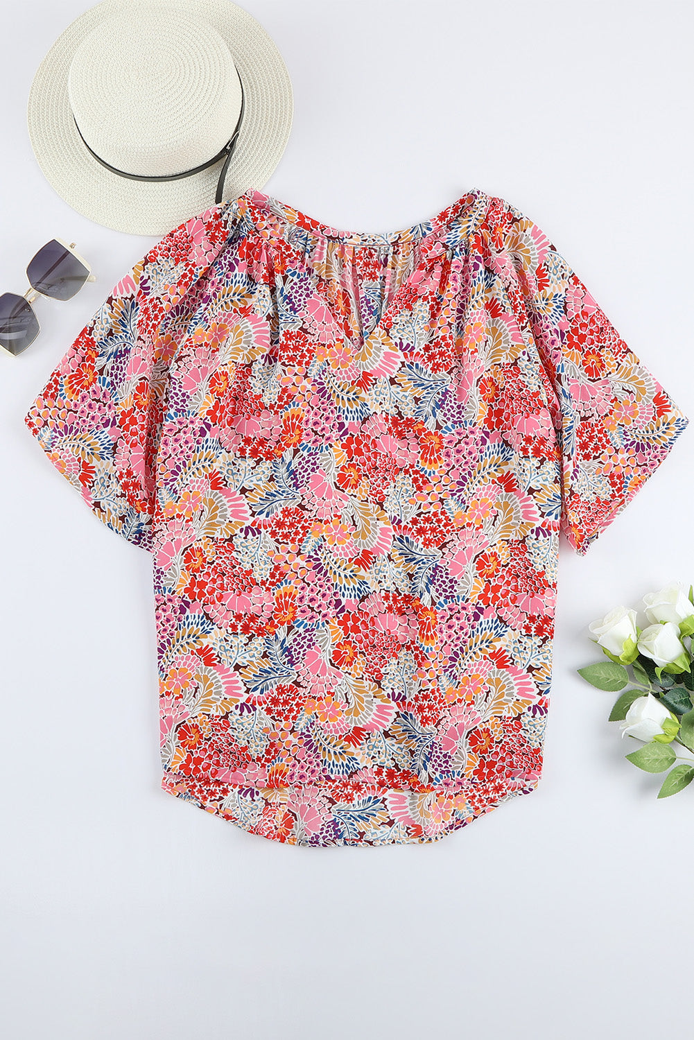 Red Cakewalk Floral Smocked Blouse