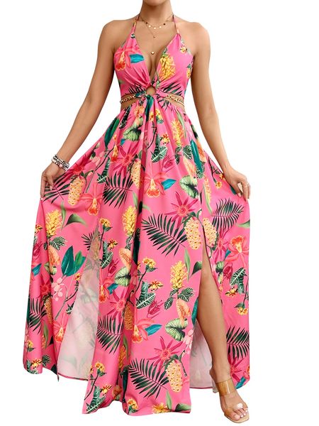 Printed Backless Side Slit Halter Dress H6VE68KF2K