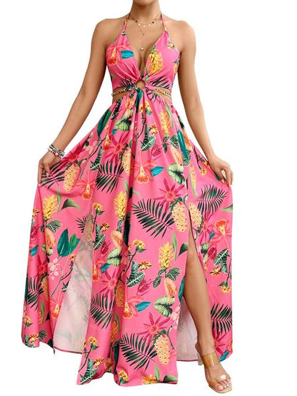 Printed Backless Side Slit Halter Dress H6VE68KF2K
