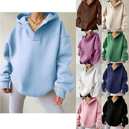 Women's Long Sleeve Hooded Solid Color Loose Sweater