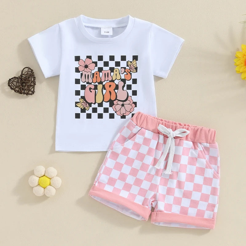 English Letter Short Sleeve Tie-neck Plaid Shorts Children Suit
