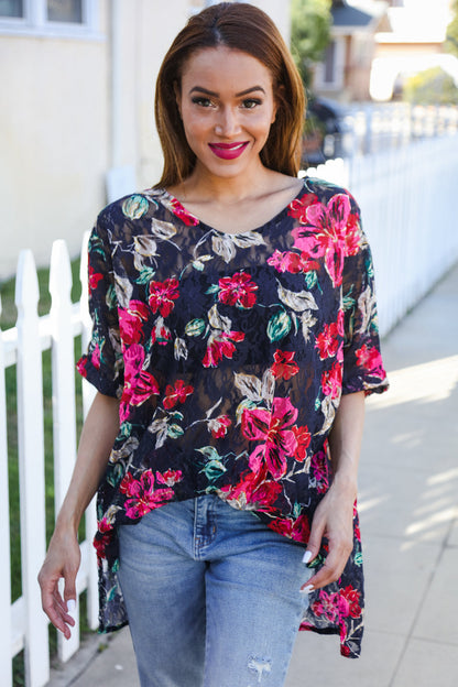 The Perfect Find Black Multicolor Floral Crochet V Neck Top