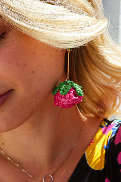 Fuchsia Strawberry Woven Rattan Gold Dangle Earrings