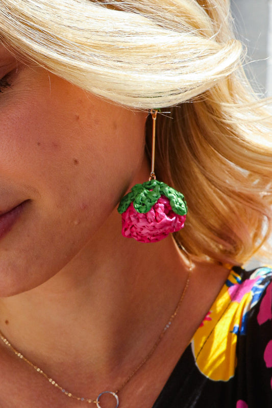 Fuchsia Strawberry Woven Rattan Gold Dangle Earrings