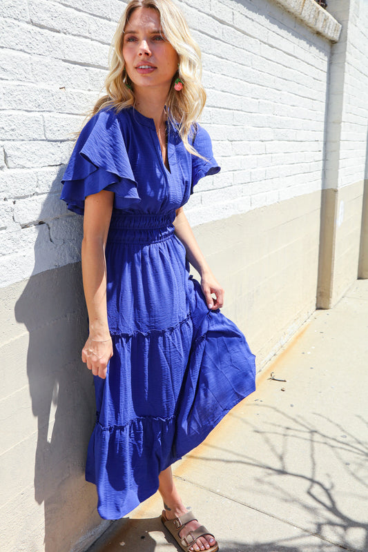 Lock Eyes Solid Blue Smocked Notched Neck Flutter Sleeve Maxi