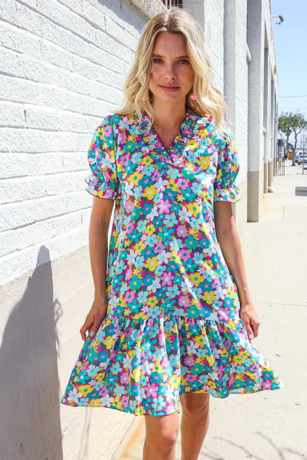 Classy Chic In Blue Smocked Notch Neck Babydoll Floral Print Dress