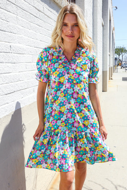 Classy Chic In Blue Smocked Notch Neck Babydoll Floral Print Dress