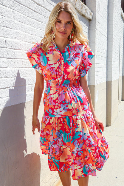 Can't Look Away Coral Flutter Sleeve Smocked Waist Floral Midi Dress