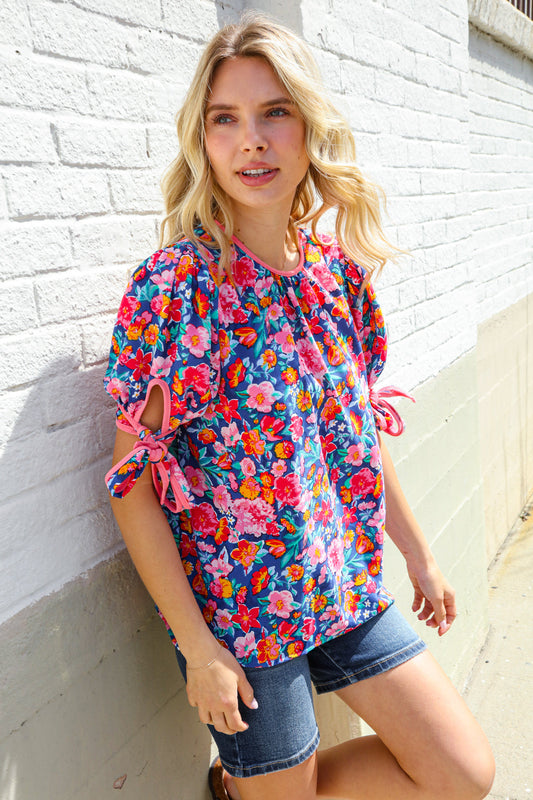 Feeling Femme Navy Floral Print Ribbon Bow Tie Sleeve Blouse